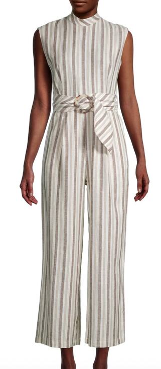 Calvin Klein Pants - Calvin Klein White Beige Mock Neck Pinstripe Linen Blend Cropped Jumpsuit sz 12
